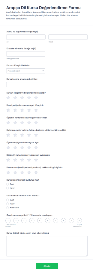 Arapça Düzey Değerlendirme Anketi Form Şablonu