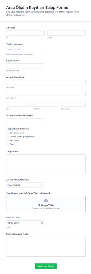 Arazi Ölçüm Kayıtları Talep Form Şablonu