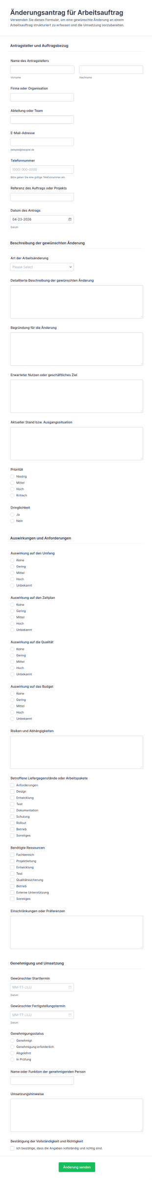 Arbeitsänderungsantrag Formular