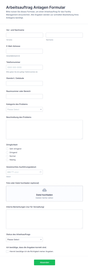 Arbeitsauftrag Anlagen Formular