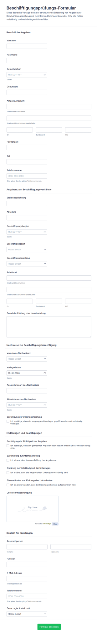 Arbeitsberechtigungsprüfung Formular