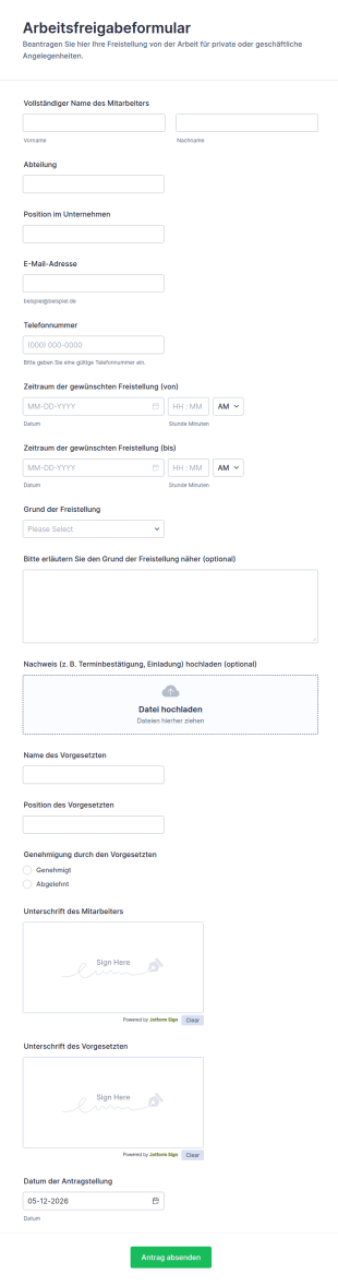 Arbeitsfreigabeformular