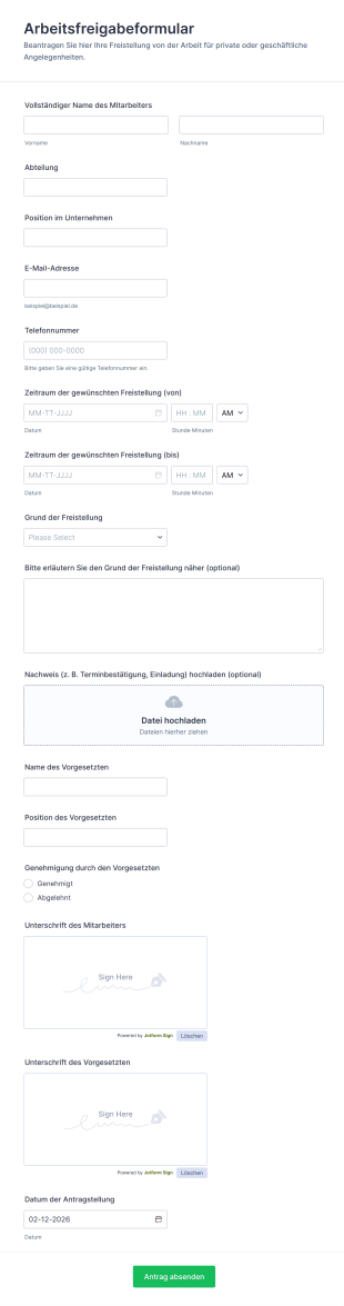 Arbeitsfreigabeformular