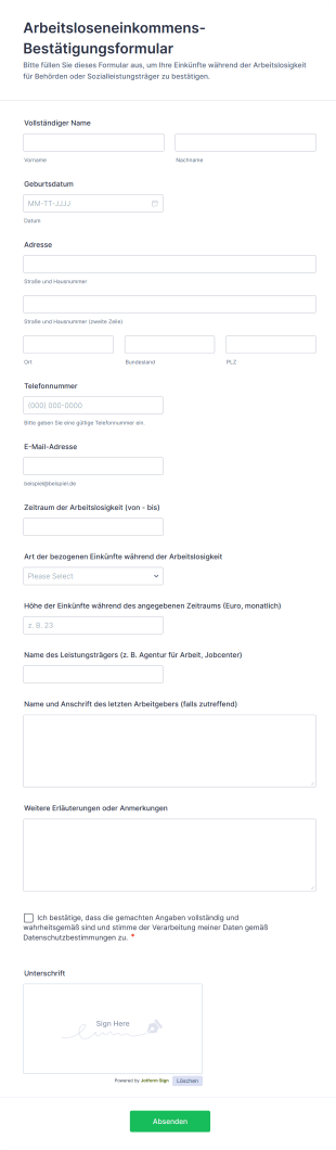 Arbeitsloseneinkommens Bestätigungsformular