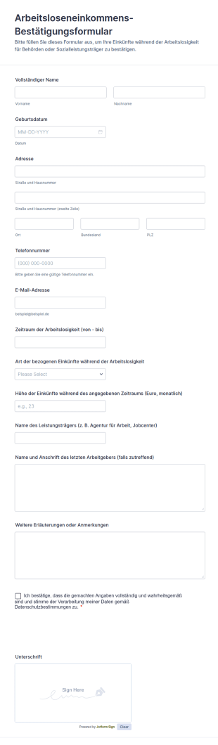 Arbeitsloseneinkommens Bestätigungsformular