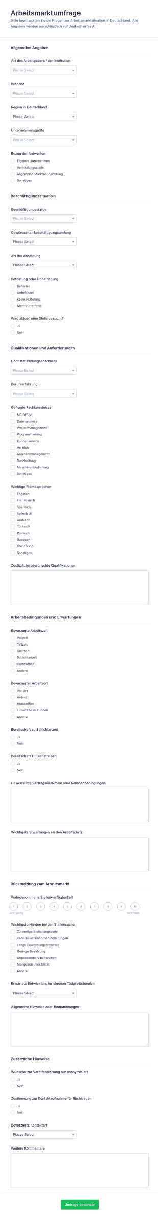 Arbeitsmarkt Umfrage Formular