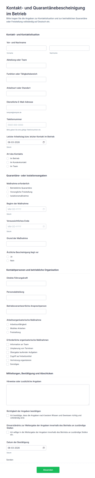 Arbeitsplatz Kontaktquarantäne Bescheinigung Formular