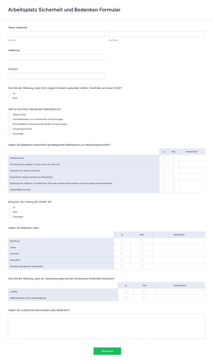 Arbeitsplatz Sicherheit Und Bedenken Formular Form Template