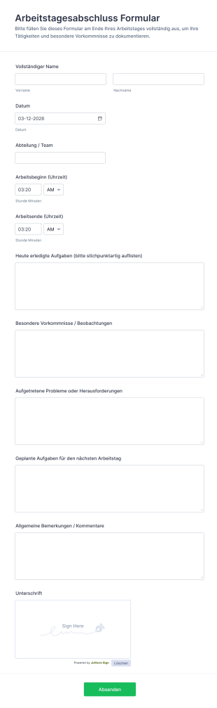 Arbeitstagesabschluss Formular