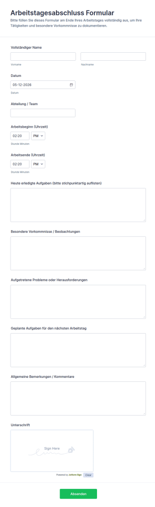 Arbeitstagesabschluss Formular