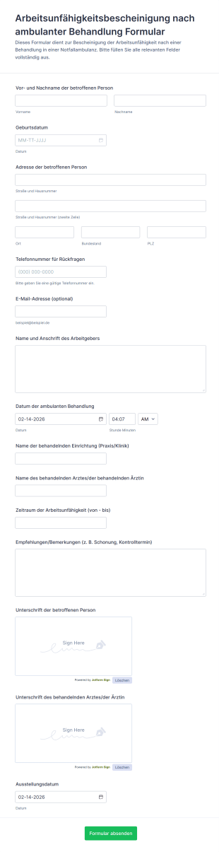 Arbeitsunfähigkeitsbescheinigung Nach Ambulanter Behandlung Formular
