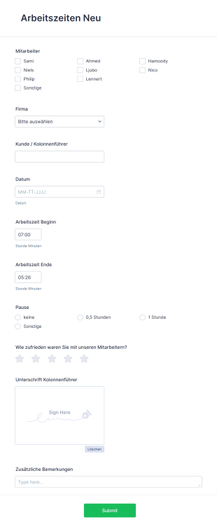 Arbeitszeiten Form Template