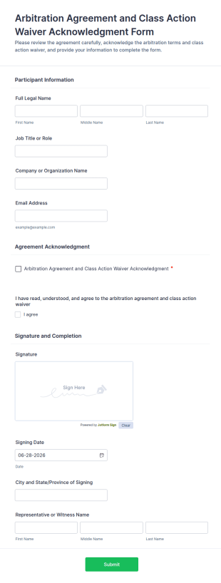Arbitration Agreement And Class Action Waiver Acknowledgment Form Template