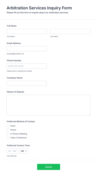 Arbitration Services Inquiry Form Form Template