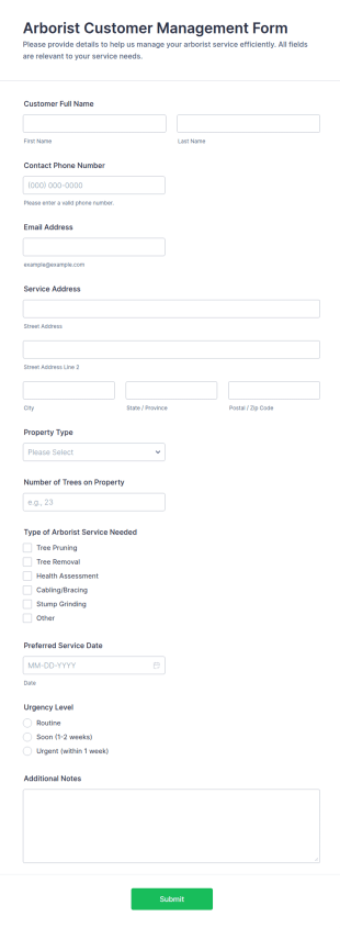 Arborist Customer Management Form Template