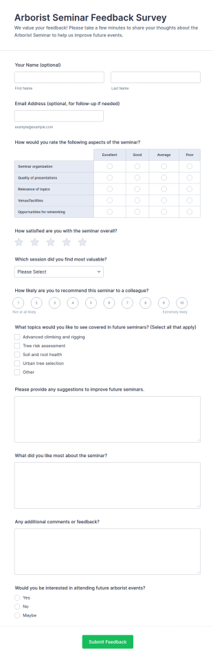 Arborist Seminar Feedback Survey Form Template