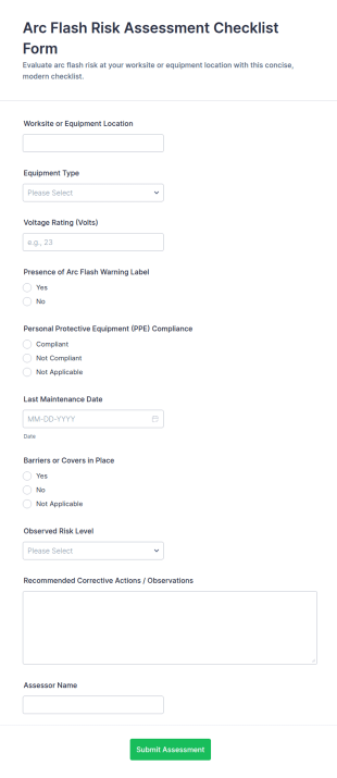 Arc Flash Risk Assessment Checklist Form Template