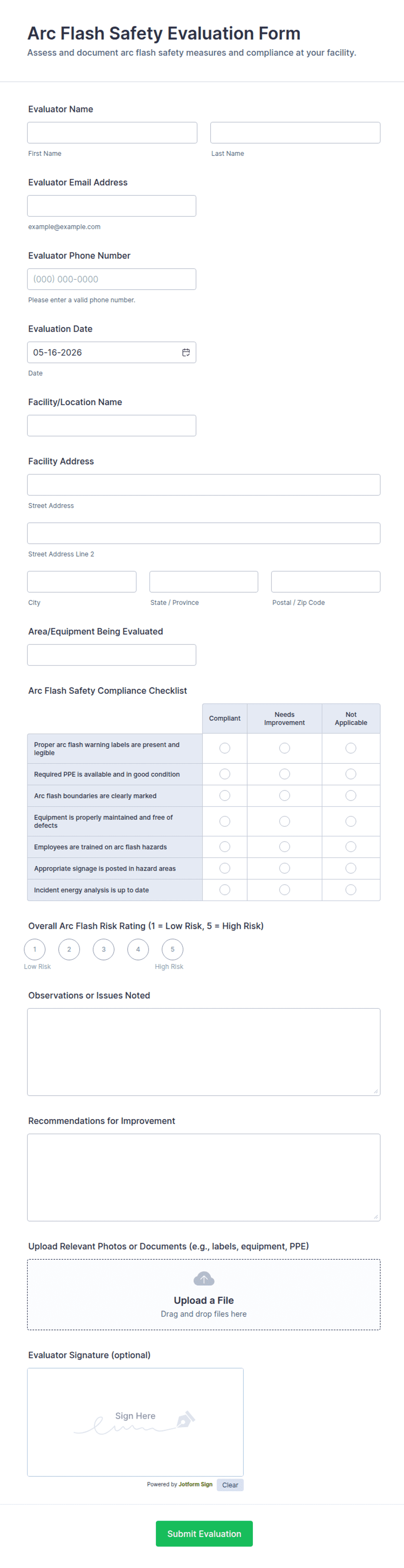 Arc Flash Safety Evaluation Form Template | Jotform