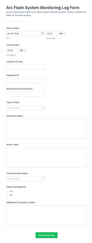 Arc Flash System Monitoring Log Form Template