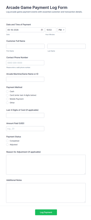 Arcade Game Payment Log Form Template