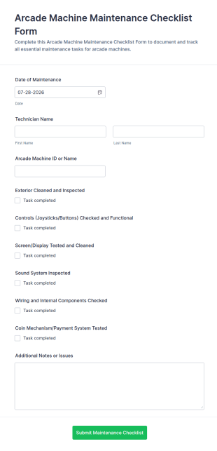 Arcade Machine Maintenance Checklist Form Template