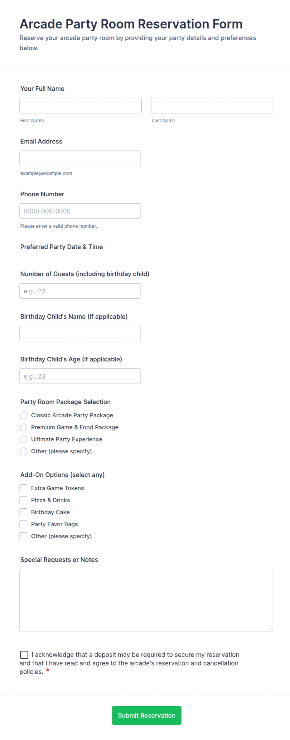 Arcade Party Room Reservation Form Template | Jotform