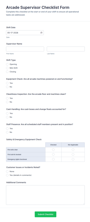 Arcade Supervisor Checklist Form Template