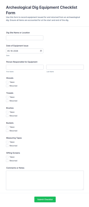 Archaeological Dig Equipment Checklist Form Template