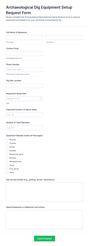 Archaeological Dig Equipment Setup Request Form Template