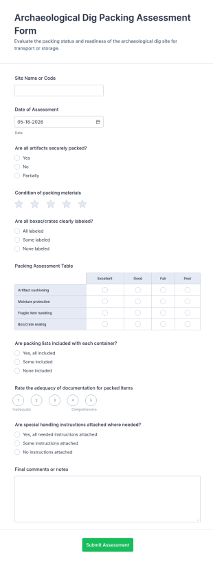 Archaeological Dig Packing Assessment Form Template