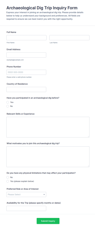 Archaeological Dig Trip Inquiry Form Template
