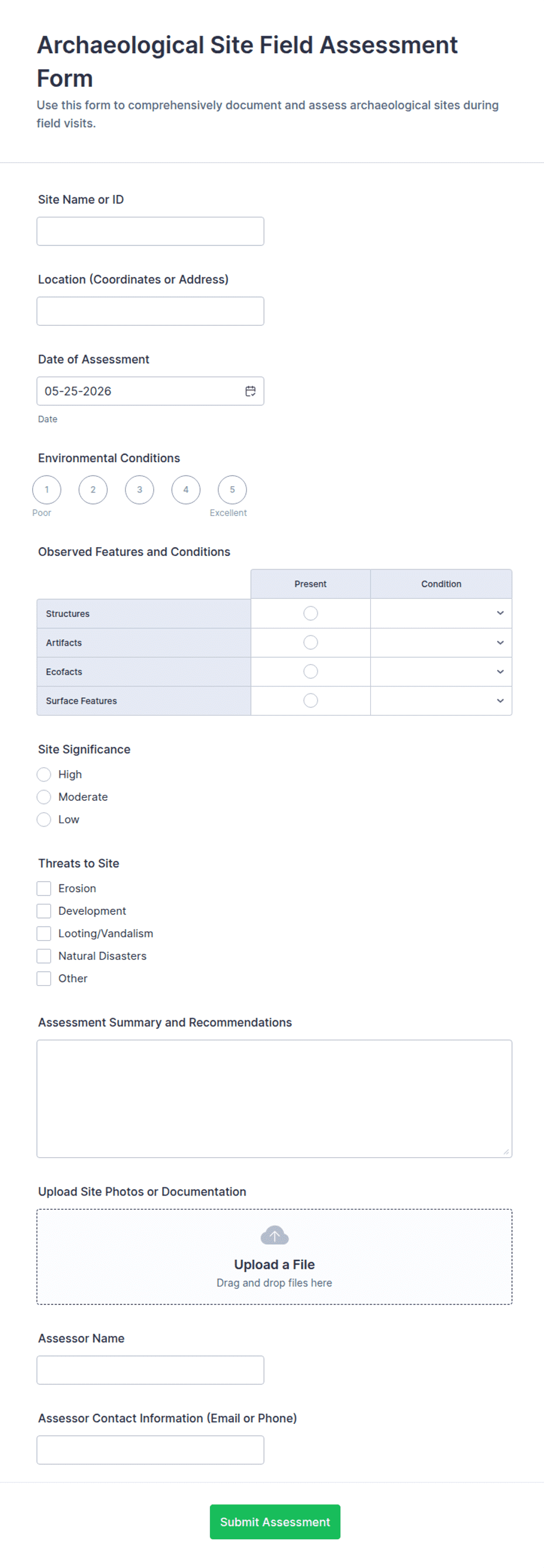 Archaeological Site Field Assessment Form Template | Jotform