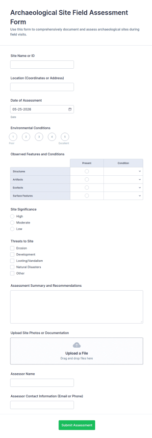 Archaeological Site Field Assessment Form Template