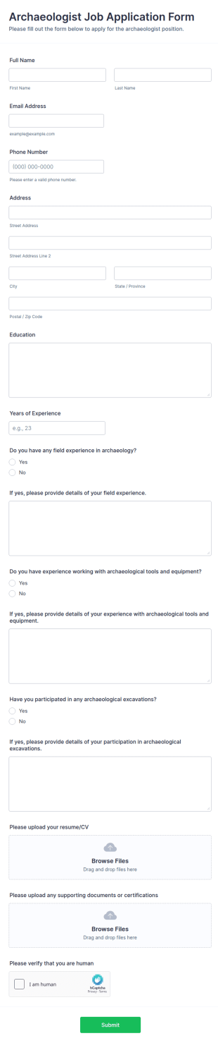 Archaeologist Job Application Form Template