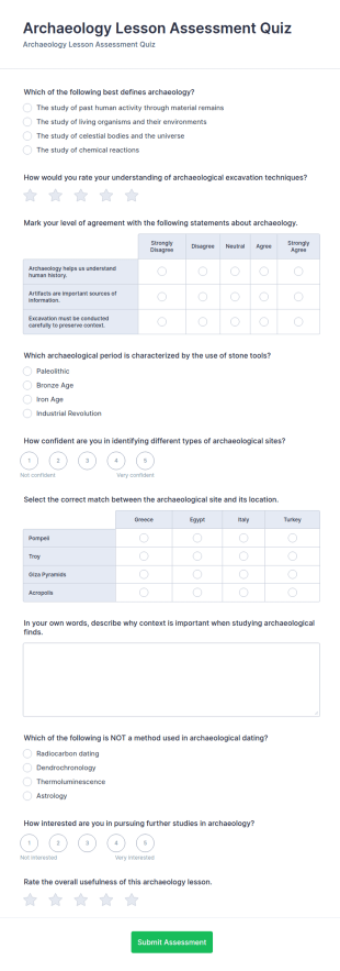 Archaeology Lesson Assessment Quiz Form Template
