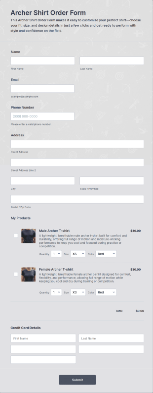 Archer Shirt Order Form Template