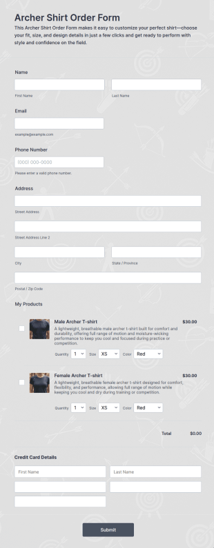 Archer Shirt Order Form Template