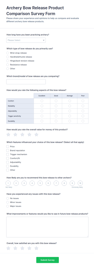Archery Bow Release Product Comparison Survey Form Template