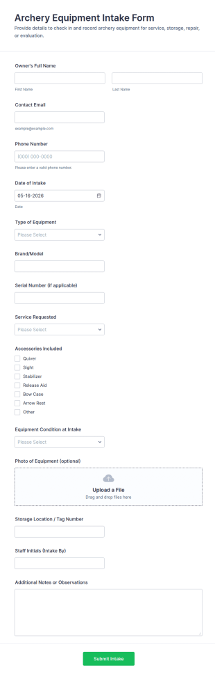 Archery Equipment Intake Form Template
