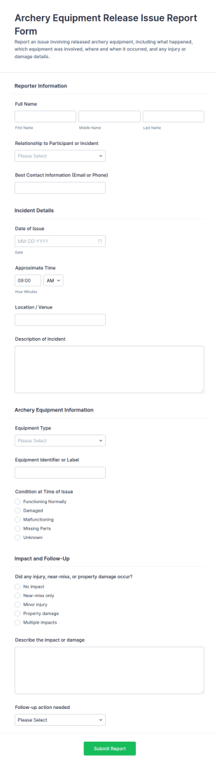 Archery Equipment Release Issue Report Form Template