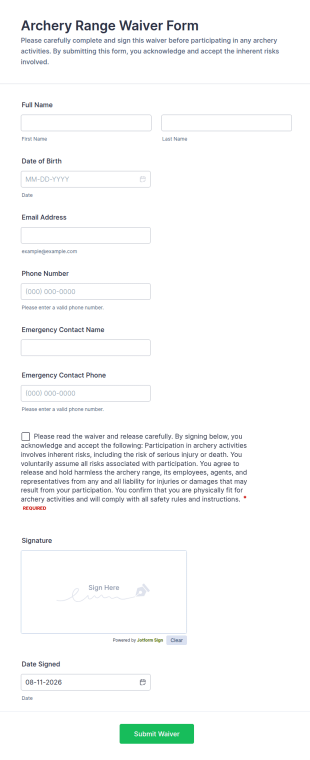 Archery Range Waiver Form Template