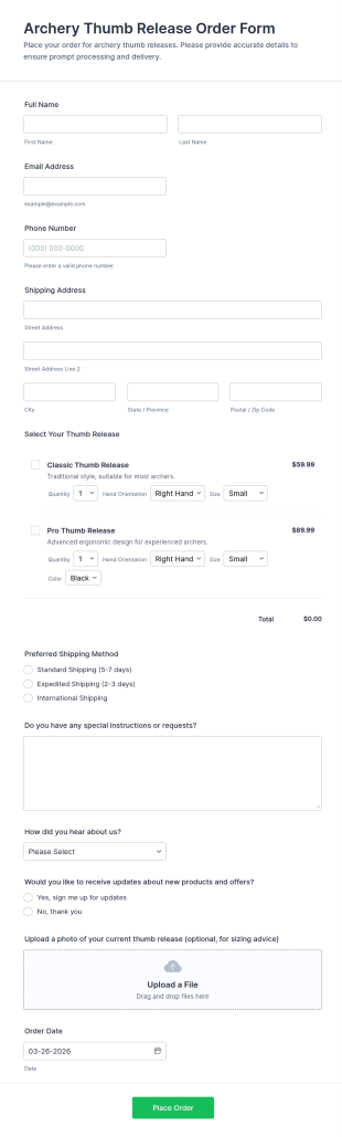 Archery Thumb Release Order Form Template