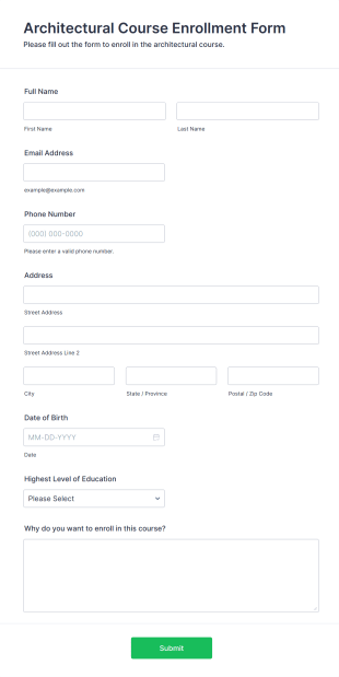 Architectural Course Enrollment Form Template