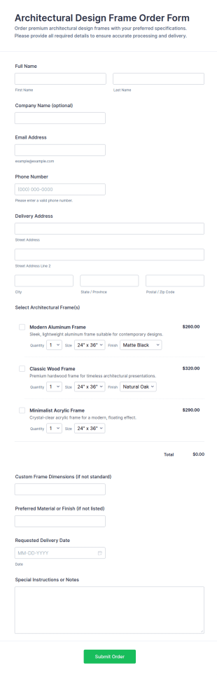 Architectural Design Frame Order Form Template