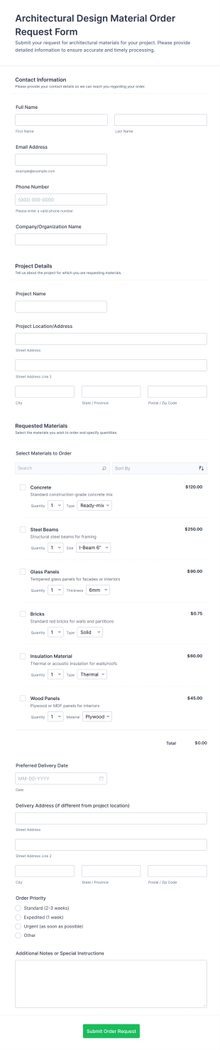Architectural Design Material Order Request Form Template