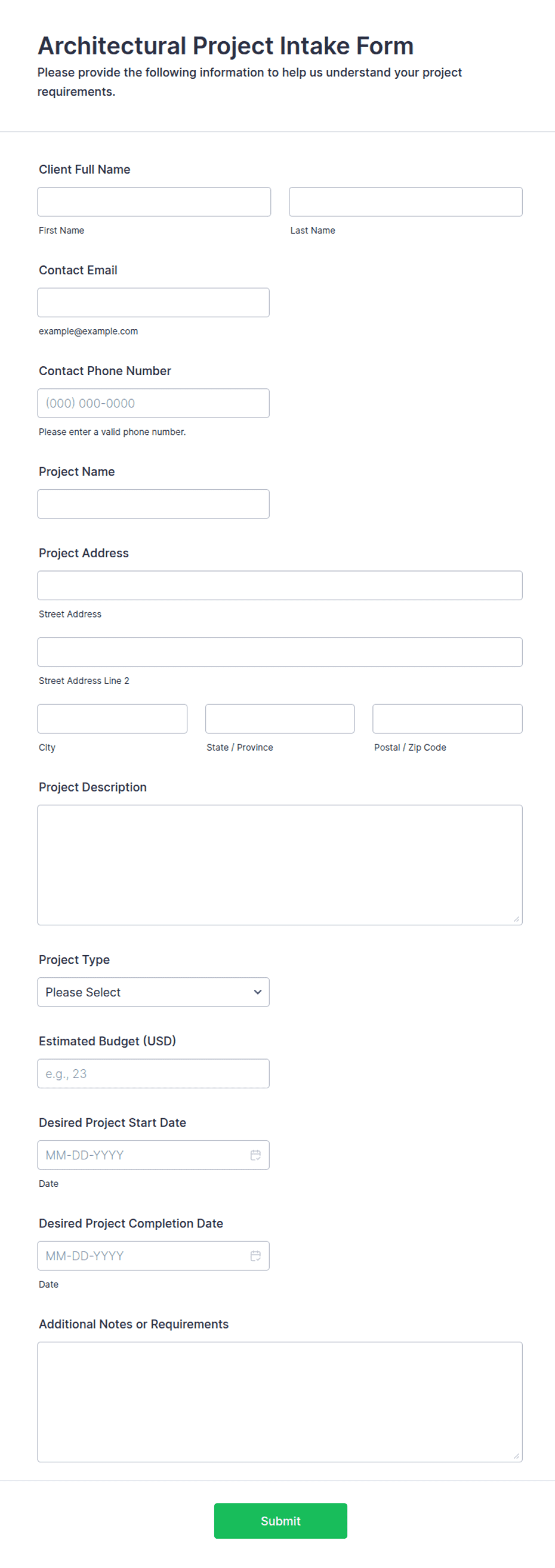 Architectural Project Intake Form Template | Jotform