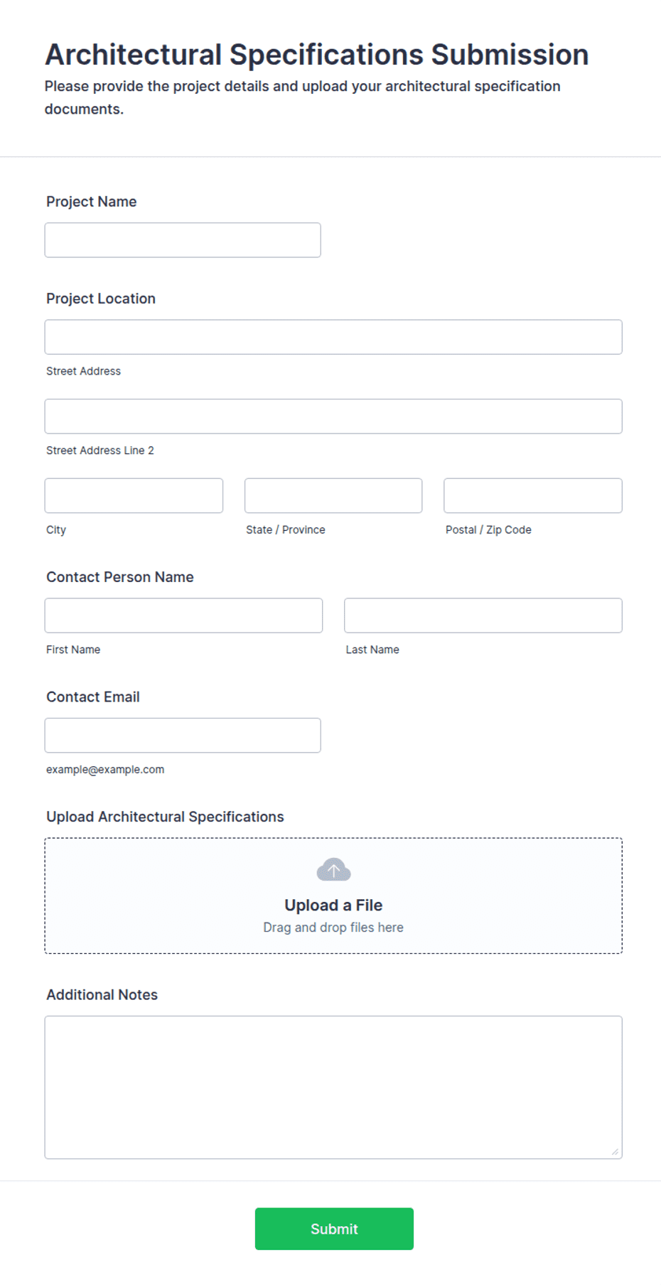 Specification Point Form Architectural Specifications Submission Form Template | Jotform