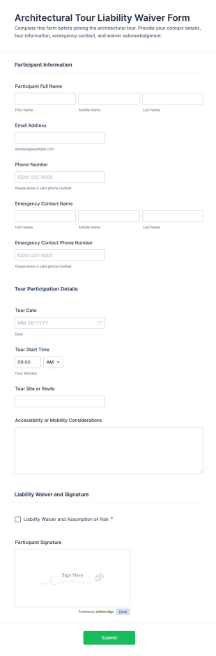 Architectural Tour Liability Waiver Form Template