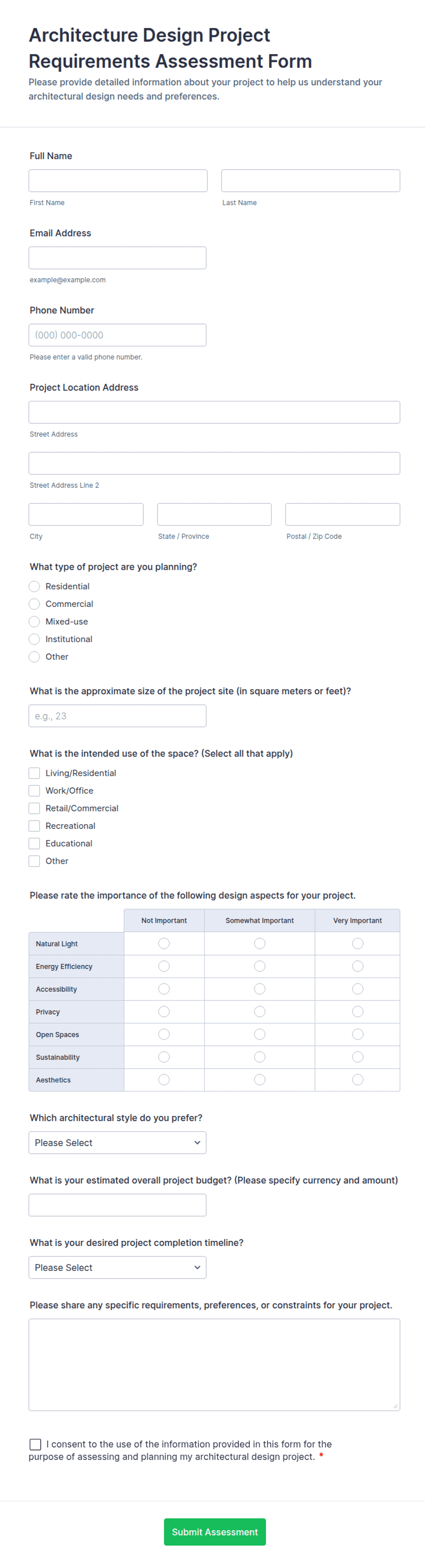 Architecture Design Project Requirements Assessment Form Template | Jotform