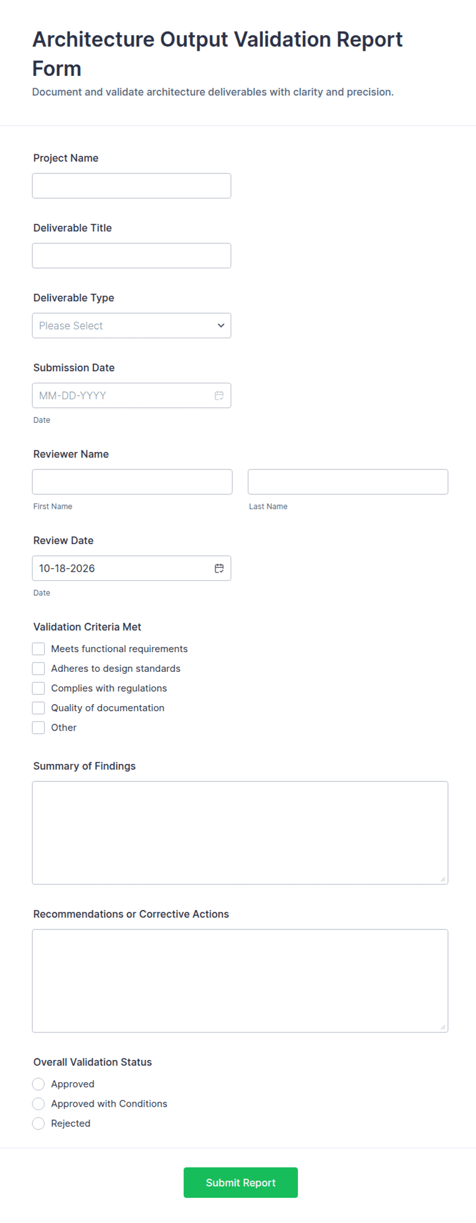 Architecture Output Validation Report Form Template | Jotform